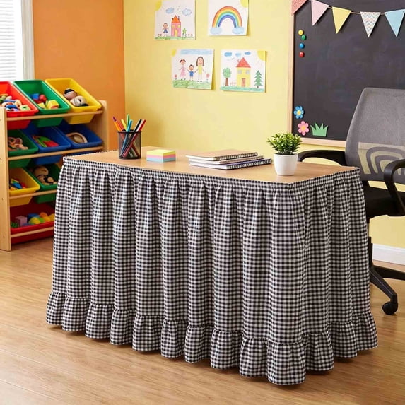 Gingham Table Skirt, 6ft Desk Skirts for Teacher Desk, Ruffled Hook and Loop Teacher for Teacher Desks, Parties and Display Tables, Black
