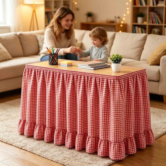 Gingham Table Skirt, 6ft Desk Skirts for Teacher Desk, Ruffled Hook and Loop Teacher for Teacher Desks, Parties and Display Tables, Red