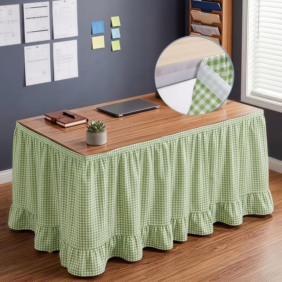 Gingham Table Skirt Hook and Loop, Ruffled Checkered Desk Skirt with Hook and Loop Fasteners for Parties, Offices and Event Decor (Green)