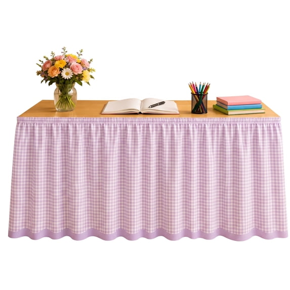 Gingham Table Skirt,Ruffled Hook and Loop, for Teacher Desk,Fabric Rustic Detachable Desk Cover Skirt for Back to School Classroom Supplies, Dorm, Weddings, Parties