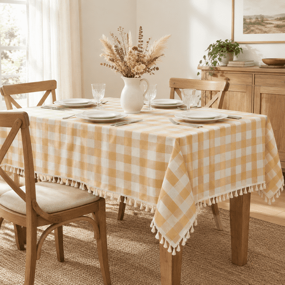 Gingham Tassel Tablecloth Rectangle - 55 X 70 Inch Yellow
