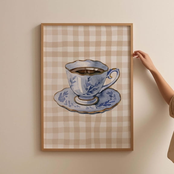 Gingham Tea Cup Poster Blue Vintage Mug Art Poster Decor For Living Room Bedroom, Unframed Canvas Size 16x24 F03.1.14l2001