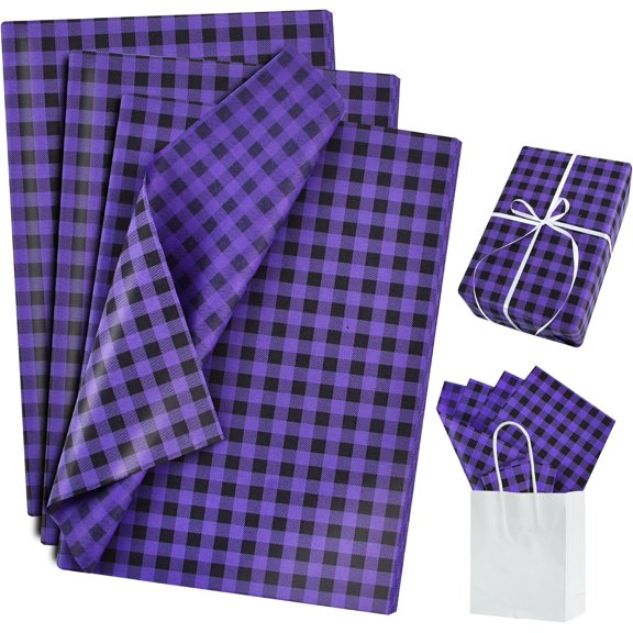 Gingham Tissue Paper Bulk, Black Purple Checkered Wrapping Tissue Paper for Gift Bags, 14 x 20 Inch Gift Wrap for Graduation Halloween Gothic Party DIY Crafts Decor Holiday Flowers,50 Sheets