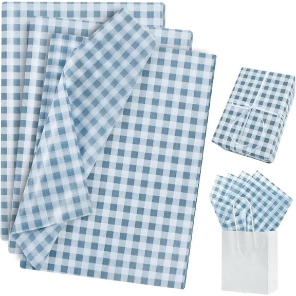 Gingham Tissue Paper Bulk, Dusty Blue White Checkered Wrapping Tissue Paper for Gift Bags, 14 x 20 Inch Gift Wrap for Birthday Nautical Wedding DIY Crafts Decor Holiday Flowers,50 Sheets
