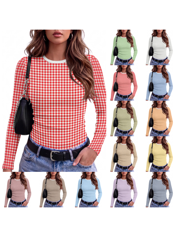 Gingham Top Women Crew Neck Going Out Ribbed Blouses Plaid Long Sleeve Basic Tees Slim Fit Stretch Shirt