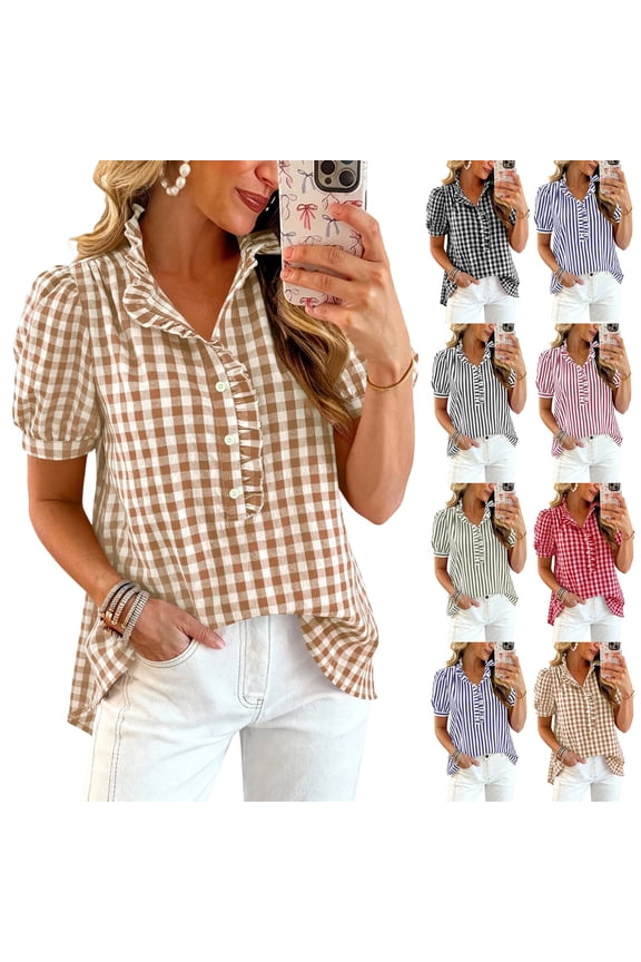 Gingham Top Womens Short Puff Sleeve Button Down Shirts Striped Plaid Ruffle Stand Collar Shirt Summer Tops Casual Work Blouses Khaki 2XL
