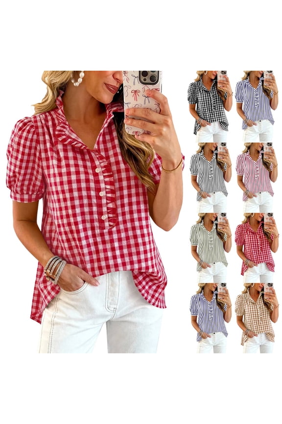 Gingham Top Womens Short Puff Sleeve Button Down Shirts Striped Plaid Ruffle Stand Collar Shirt Summer Tops Casual Work Blouses Red S