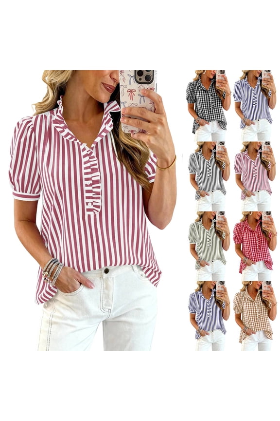 Gingham Top Womens Short Puff Sleeve Button Down Shirts Striped Plaid Ruffle Stand Collar Shirt Summer Tops Casual Work Blouses Watermelon Red M