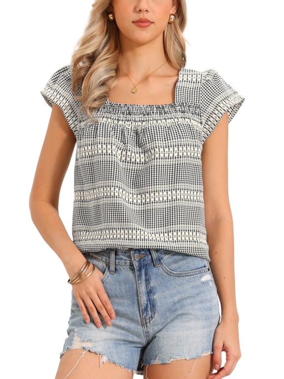 Gingham Top for Women Casual Square Neck Cap Sleeve Peasant Summer Blouse Top S Black