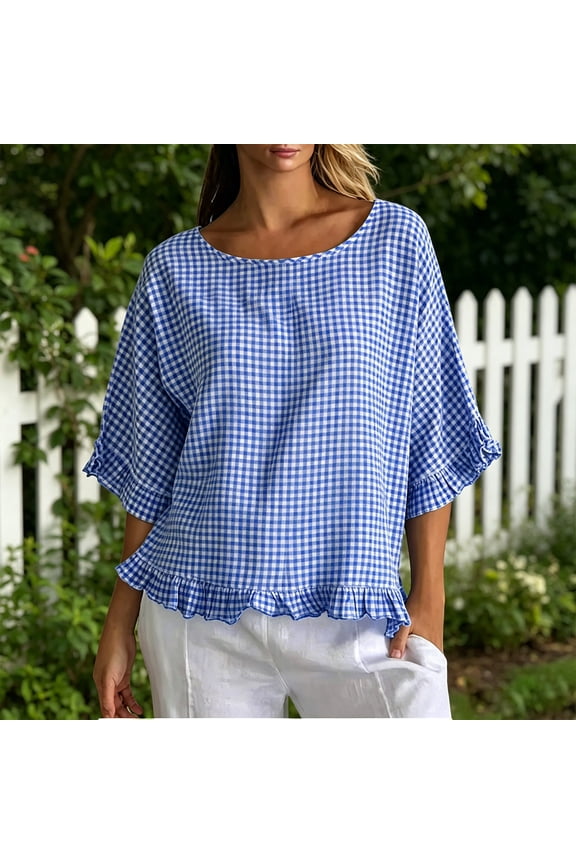 Gingham Tops for Women Summer Cute Short Sleeve Crew Neck Shirts Casual Blouses Summer Ruffle Peplum Babydoll Tops Cute Plaid Cotton Shirts Plus Size Tops For Women
