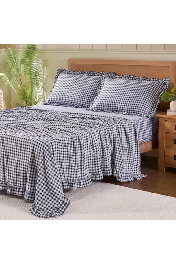 Gingham Twin Sheet Set, Lightweight Super Soft Brushed Microfiber Plaid Bed Sheets with 16" Deep Pocket, 3 Piece Ruffle Farmhouse Bedroom Decor, Black