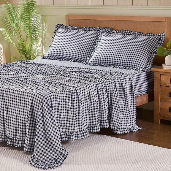 Gingham Twin Sheet Set, Lightweight Super Soft Brushed Microfiber Plaid Fall Bed Sheets with 16" Deep Pocket, 3 Piece Ruffle Farmhouse Bedroom Decor, Orange