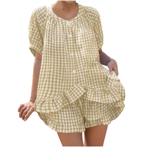 Gingham Two Piece Sets for Women Ruffled Cute Lounge Sets Short Sleeve Button Down T-Shirt & Shorts Babydoll Checkered Matching Set Lightweight Loose Loungewear Fashion Summer Outfits 2026