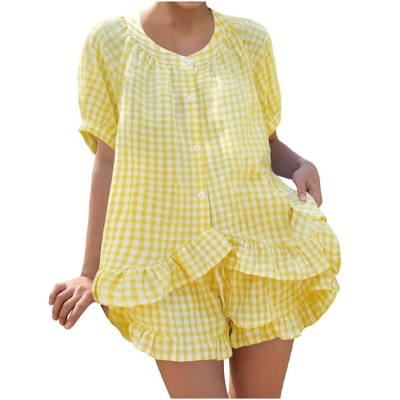 Gingham Two Piece Sets for Women Ruffled Cute Lounge Sets Short Sleeve Button Down T-Shirt & Shorts Babydoll Checkered Matching Set Lightweight Loose Loungewear Fashion Summer Outfits 2026