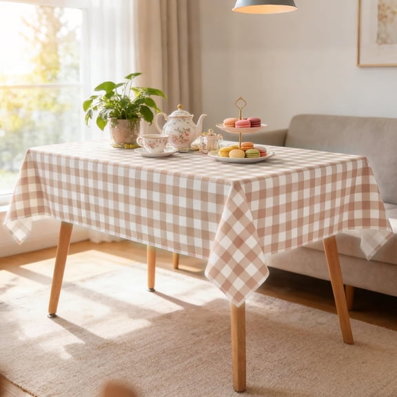 Gingham Vinyl Tablecloth with Flannel Backing for Rectangle Tables, 60x84 Inch PEVA Waterproof Table Cloth Cover for Spring Picnic, Wedding Party Decorations, Birthday, Khaki Plaid