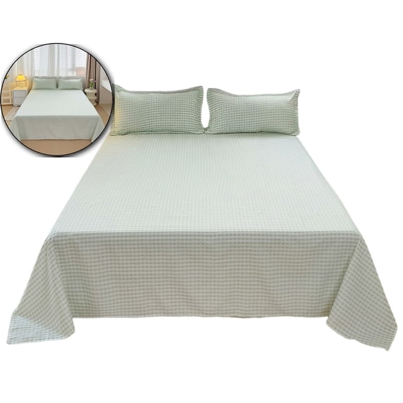 Gingham Washed Cotton 3-Piece Bedding Set – Flat Sheet & 2 Pillowcases – Solid Color Minimalist Bed Sheet Set for Bedroom, Holiday Gift