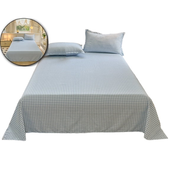Gingham Washed Cotton 3-Piece Bedding Set – Flat Sheet & 2 Pillowcases – Solid Color Minimalist Bed Sheet Set for Bedroom, Holiday Gift