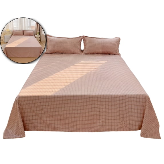 Gingham Washed Cotton 3-Piece Bedding Set – Flat Sheet & 2 Pillowcases – Solid Color Minimalist Bed Sheet Set for Bedroom, Holiday Gift