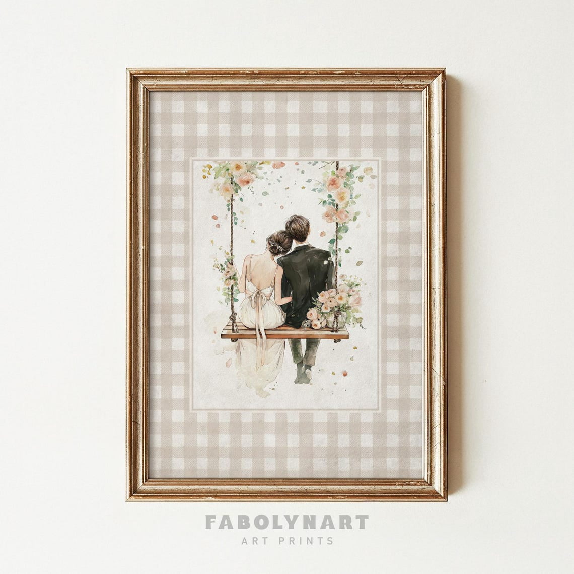 Gingham Wedding Couple Wall Art Rustic Engagement Anniversary Bridal ...