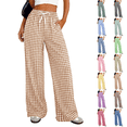 thumbnail image 1 of Gingham Wide Leg Pajama Pants for Women Elastic Drawstring Waist Lightweight Summer Relaxed Fit Casual Lounge Bottoms Khaki 2XL, 1 of 6
