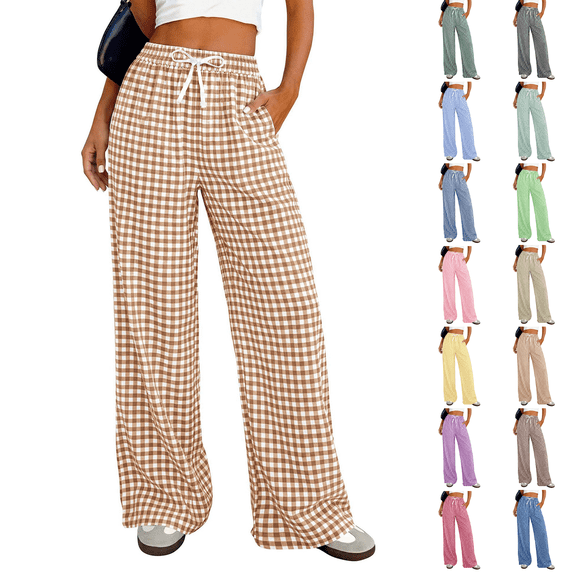 Gingham Wide Leg Pajama Pants for Women Elastic Drawstring Waist Lightweight Summer Relaxed Fit Casual Lounge Bottoms Khaki 2XL