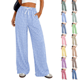 thumbnail image 1 of Gingham Wide Leg Pajama Pants for Women Elastic Drawstring Waist Lightweight Summer Relaxed Fit Casual Lounge Bottoms Light Blue L, 1 of 6