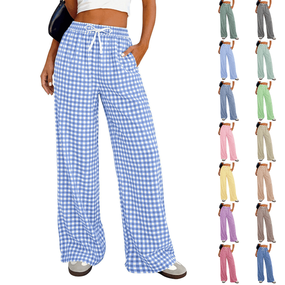 Gingham Wide Leg Pajama Pants for Women Elastic Drawstring Waist Lightweight Summer Relaxed Fit Casual Lounge Bottoms Light Blue L
