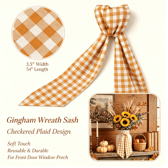 Gingham Wreath Sash for Front Door, Fall Thanksgiving Christmas Halloween Buffalo Check Plaid Ribbon Bow, Front Door Sage Plaid Wreath Ribbon for Farmhouse Autumn Decor