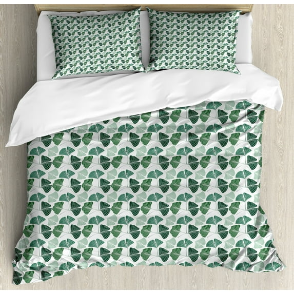 Gingko Duvet Cover Set King Size, Mother Nature Ginkgo Biloba Tree Leaves Homeopathic Therapy Foliage Pattern, Decorative 3 Piece Bedding Set with 2 Pillow Shams, Green and White, by Ambesonne