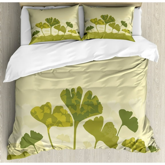 Gingko Duvet Cover Set King Size, Tree Leaf Stem Biloba Natural Curved Leaves Seasonal Harvest Graphic, Decorative 3 Piece Bedding Set with 2 Pillow Shams, Olive Green and Beige, by Ambesonne