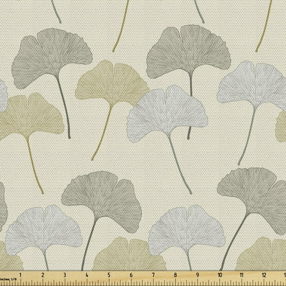 Gingko Fabric by the Yard, Soft Earth Toned Biloba Tree Leaves Flourishing Season Retro Pattern, Upholstery Fabric for Dining Chairs Home Decor Accents, 2 Yards, Sage Green Eggshell by Ambesonne