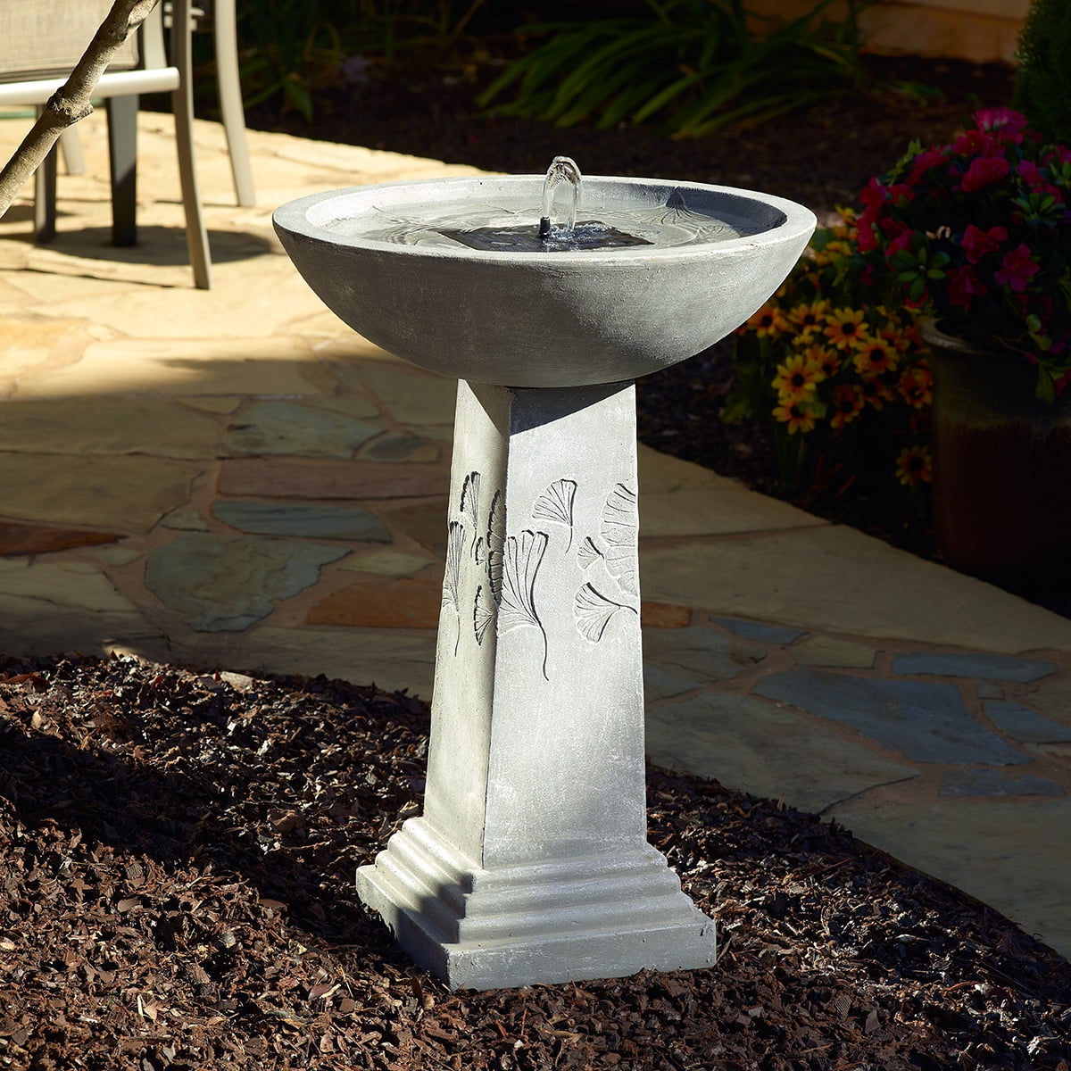 Ginkgo 27" Gray Concrete Solar Birdbath with Remote