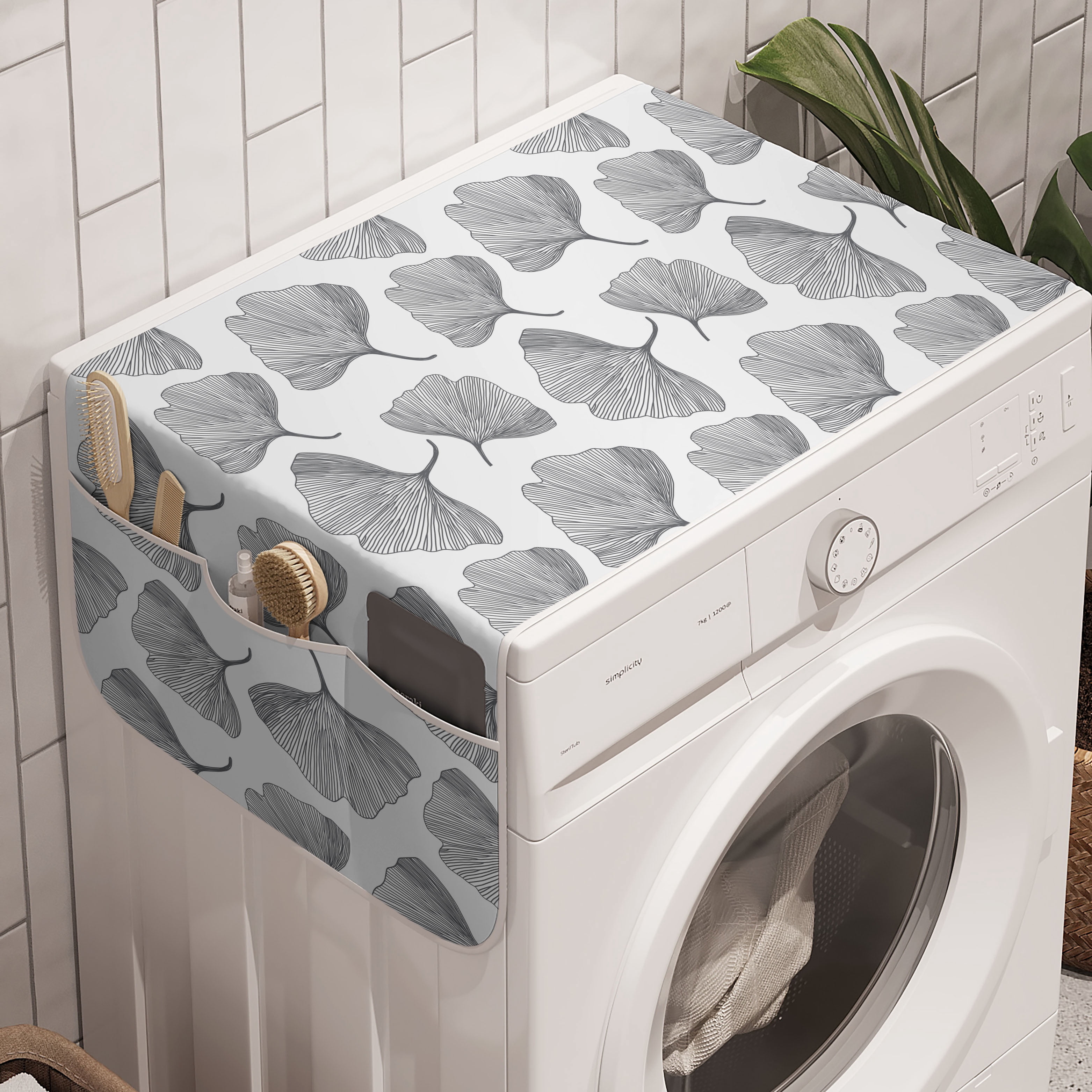 Ambesonne Washing Machine Organizer Cover - Charcoal Geometric Stars, 47x18.5", 6 Pockets, Anti-Slip