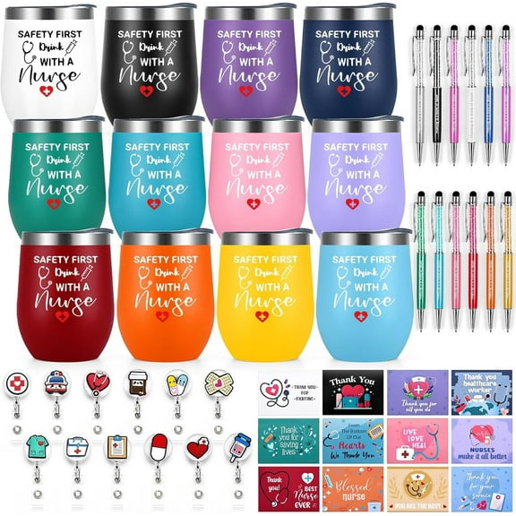 Gingprous 48 Pcs Nurses Week Gifts Bulk for Women Men, Nurse Appreciation Gifts Bulk, Nurses Graduation Gift, Nurse Practitioner Gift, Present for Murse Week Set of 12 Insulated Wine Tumbler