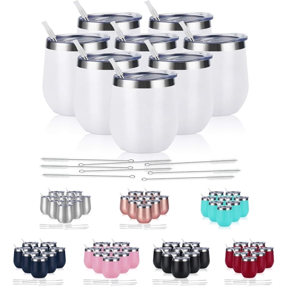 Gingprous 12oz Coffee Cup, Double Walled -Insulated Travel Mug Vacuum Stainless Steel Wine Tumbler with Spill Proof Lid (8 Pcs , White)