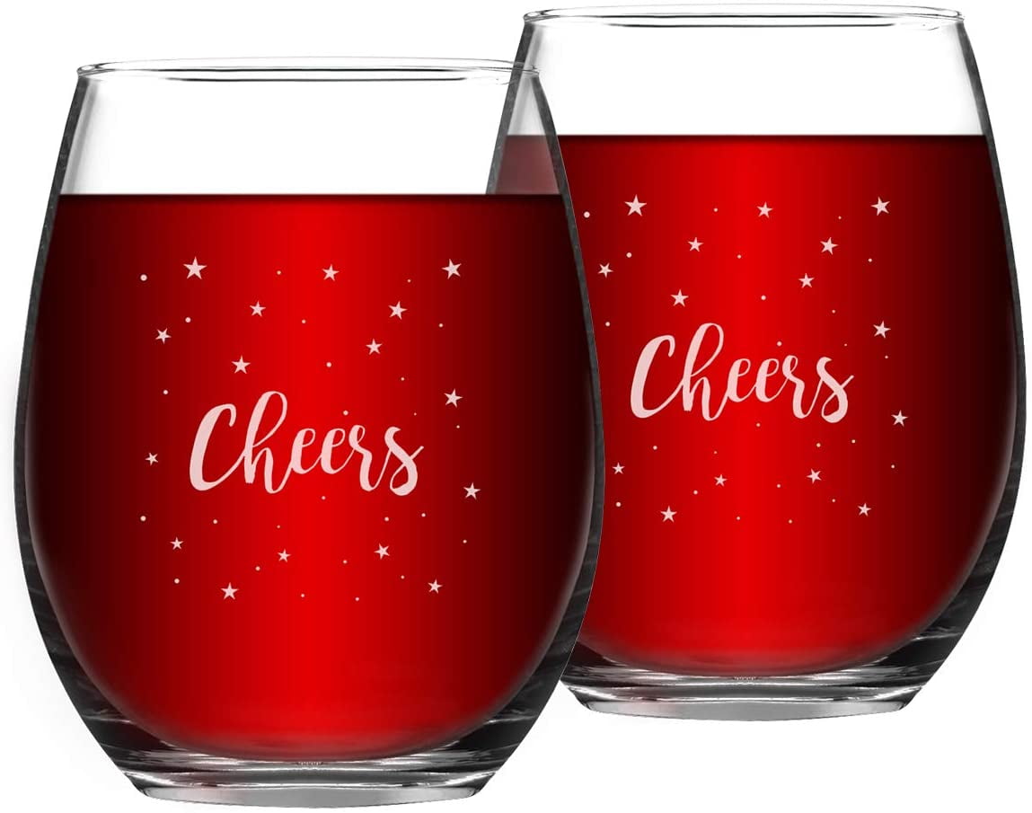 Gingprous 15 oz 2 Pack Cheers Christmas Stemless Transparent Wine