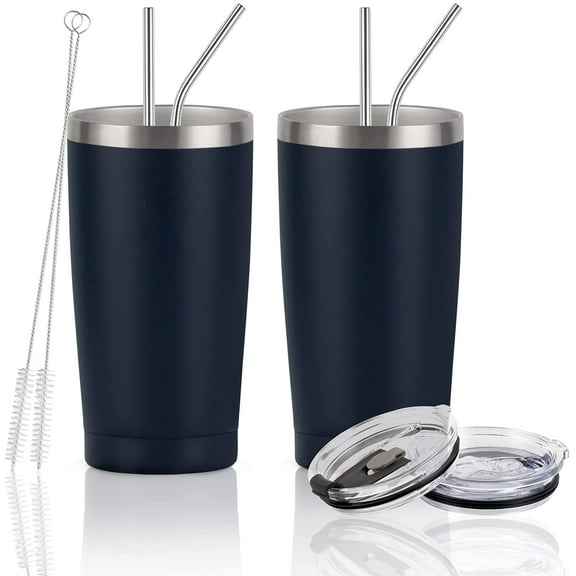 Gingprous 2 Pack 20 oz Stainless Steel Travel Tumblers with Lids Straws, Vacuum Insulated Tumblers, Dark Blue