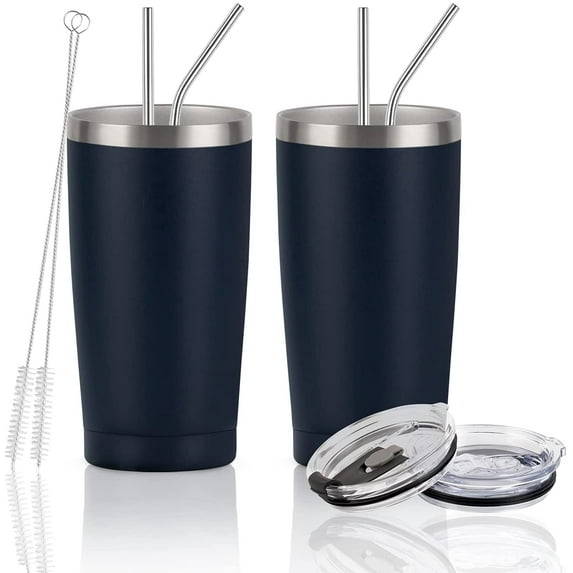 Gingprous 2 Pack 20 oz Stainless Steel Travel Tumblers with Lids Straws, Vacuum Insulated Tumblers, Dark Blue
