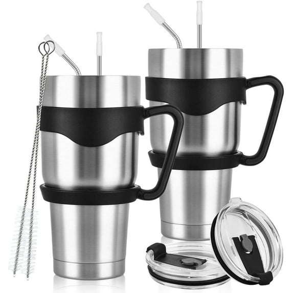 Gingprous 2 Pack 30 oz Stainless Steel Tumblers with Lids Straws , Double Wall Travel Tumblers , Vacuum Insulated Coffee Cup , Silver