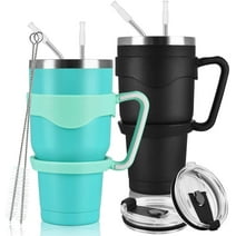 Gingprous 2 Pack Stainless Steel Travel Tumbler Set with Lids Straws，30oz Coffee Cup , Black & Mint