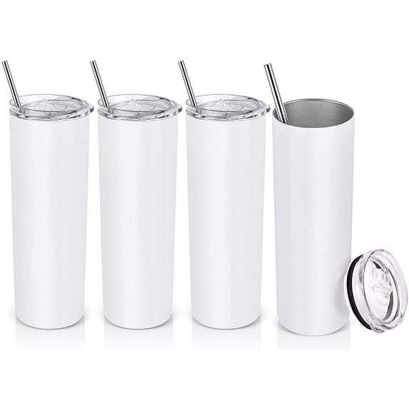 Gingprous 20 oz 4 Pack Stainless Steel Skinny Travel Tumblers with Lid and Straw, Double Wall Vacuum Insulated Slim Water Tumbler Cup,White