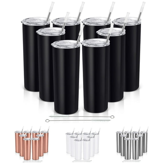 Gingprous 20 oz 8 Pack Stainless Steel Skinny Travel Tumblers with Lid and Straw,Double Wall Vacuum Insulated Slim Water Tumbler Cup?Black
