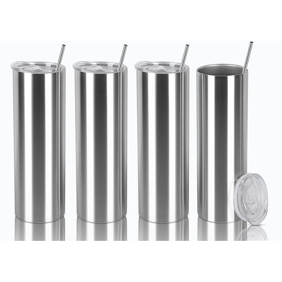 Gingprous 20 oz Skinny Travel Tumblers, 4 Pack Stainless Steel Tumblers with Lid Straw,Double Wall Vacuum Insulated Slim Water Tumbler Cup，Silver