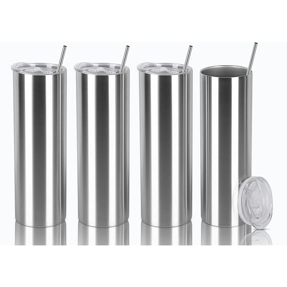 Gingprous 20 oz Skinny Travel Tumblers, 4 Pack Stainless Steel Tumblers with Lid Straw,Double Wall Vacuum Insulated Slim Water Tumbler Cup,Silver