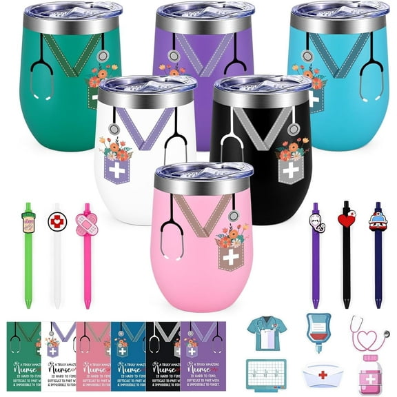 Gingprous 6 Pcs Nurses Week Gifts, 6 Pcs Stainless Steel Wine Tumbler Set, 12 Oz Nurse Cups With Lid & Straw, Nurses Cups Rn Appreciation Gift Bulk For Nursing Student Assistant Nurse Practitioner