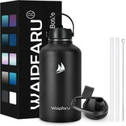 Gingprous 64oz Water Bottle - Stainless Water Bottle with 2 Lids & 2 Straws, Insulated Water Bottles Keep Hot and Cold, Wide Mouth Sports Water Bottle for Hiking Biking Sport, Black