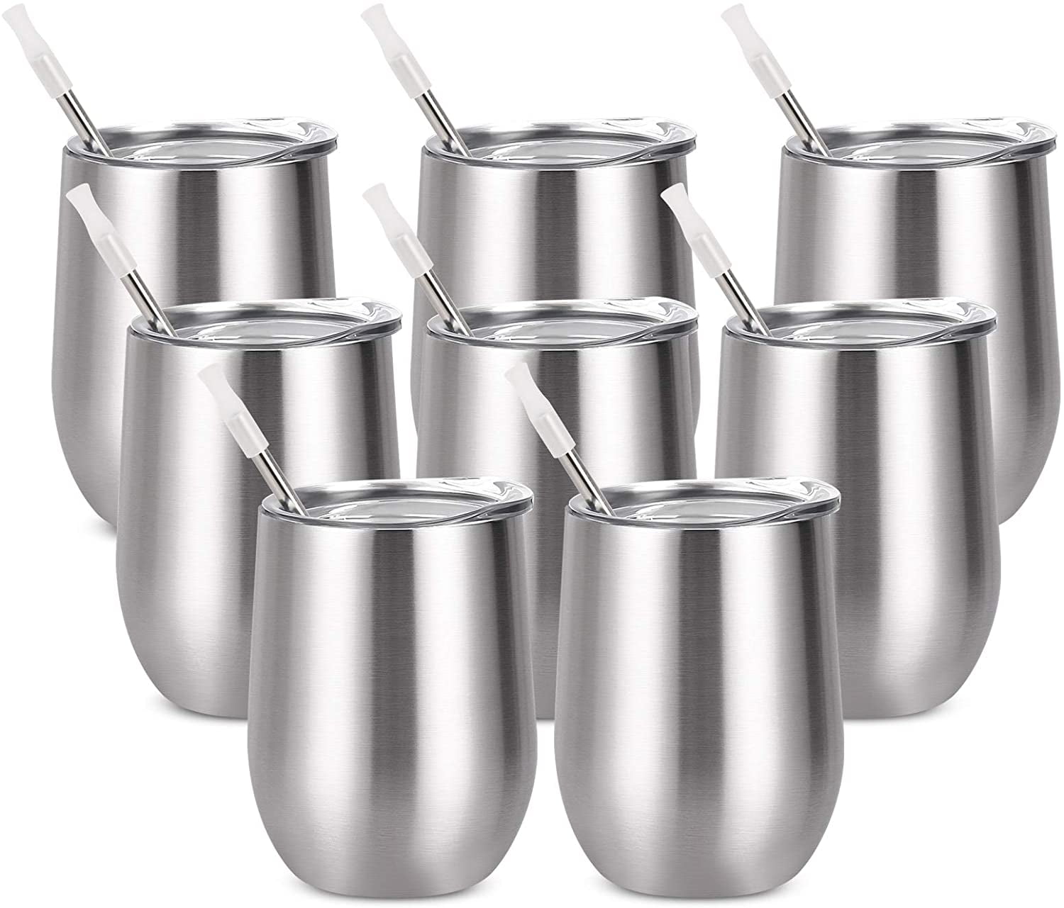 Gingprous 6 Pack 12 oz Stainless Steel Wine Tumblers with Lids Straws ,V  acuum Insulated Tumblers , Silver 