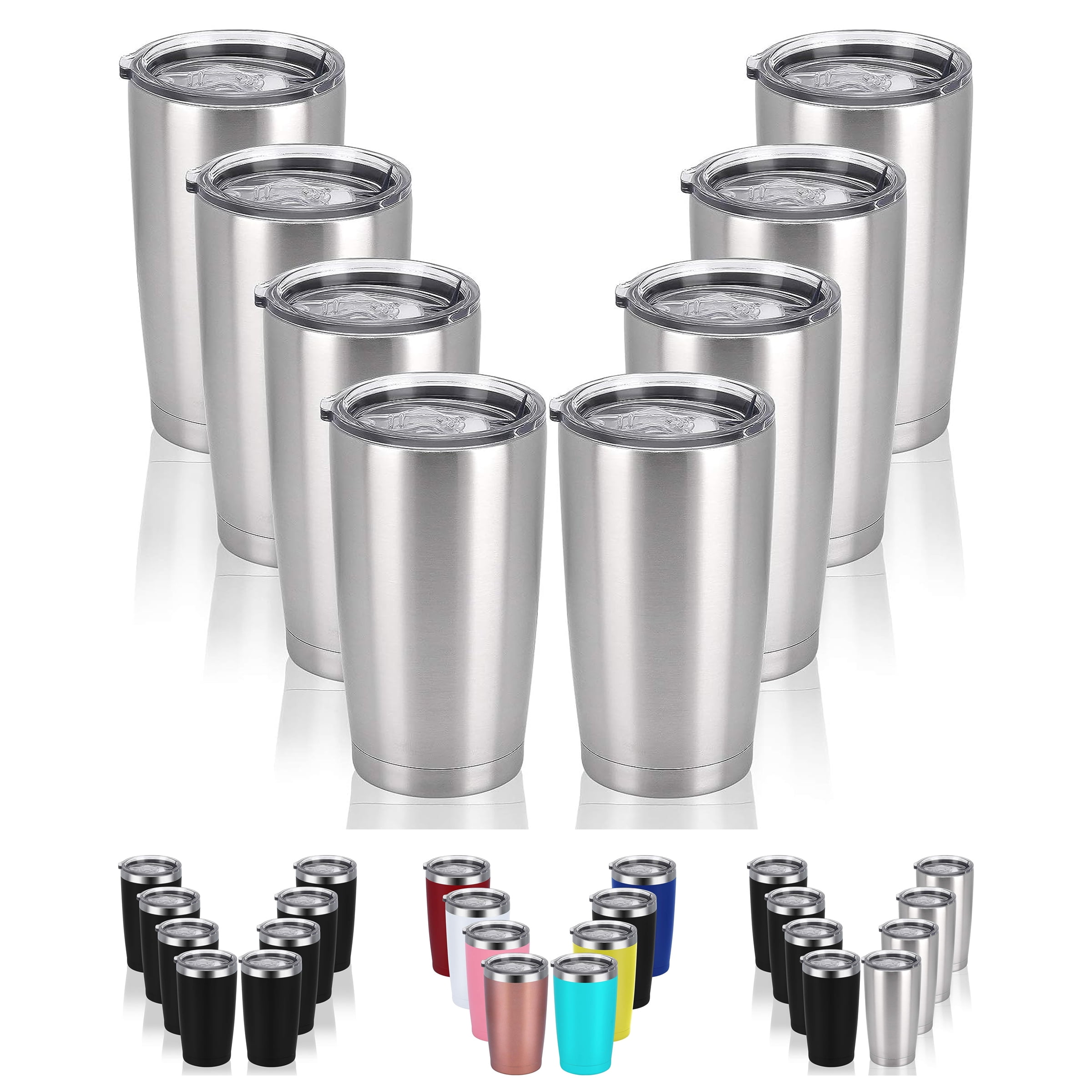 Gingprous 8 Pack 20 oz Stainless Steel Travel Tumblers with Lids Straws ,  Vacuum Insulated Coffee Cup ，Silver 