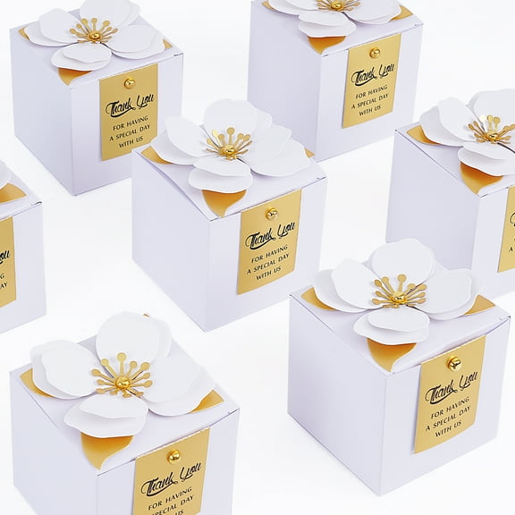 Gingprous 20 Pcs White 3.54 inch Wedding Favor Boxes with Thanks Card Square Flower Candy Boxes Paper Bridal Gift Box for Guests Wedding Bridal Shower Birthday Party Anniversary