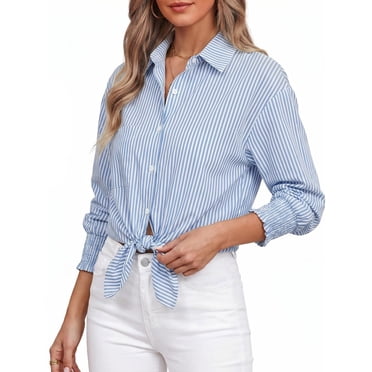 Gingprous Women Striped Button Down Shirt Oversized Long Sleeve Blouse with Smocked Cuffs Pocket